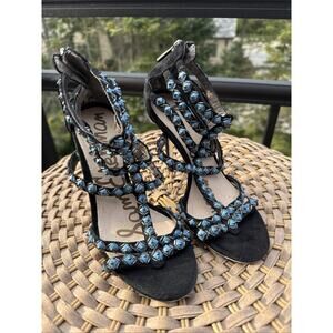 Sam Edelman Sage Beaded High Heel Sandals Black Suede 5.5 US 36.5 EU Aztec Boho